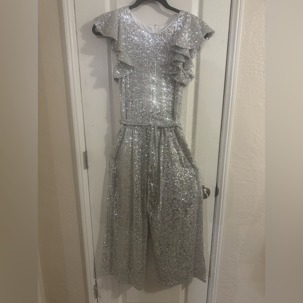 GB Girls White jumpsuit with Silver Sequins